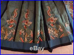 Antique Chinese Embroidered Silk Skirt. Qing Dynasty. Five claw dragons