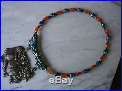Antique Chinese Enamel Cloisonne Sterling Carnelian Dragon Bead Kylin Necklace