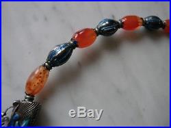 Antique Chinese Enamel Cloisonne Sterling Carnelian Dragon Bead Kylin Necklace