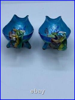 Antique Chinese Enamel Dragon Handle Footed Boat Shape Dish Small Set of 2