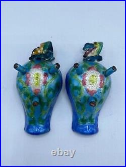 Antique Chinese Enamel Dragon Handle Footed Boat Shape Dish Small Set of 2