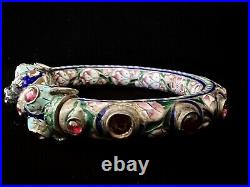 Antique Chinese Enamel Jeweled Double Heads Silver Dragon Bracelet
