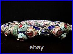 Antique Chinese Enamel Jeweled Double Heads Silver Dragon Bracelet