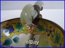 Antique Chinese Enamel Wine Cup with Hand Carved Dragon Jade Belt Hook Handle