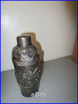 Antique Chinese Export Cocktail Shaker and Cups Dragon Design Silver