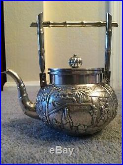 Antique Chinese Export Dragon And Bamboo Sterling Silver Tea Coffee Set