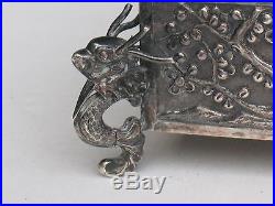 Antique Chinese Export Footed Silver Dragon Box Wang Ming Signed