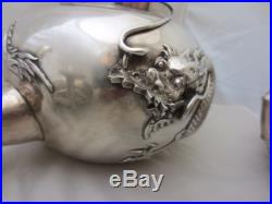 Antique Chinese Export Silver 3 Piece Dragon Tea Set Cheong Shing