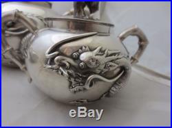 Antique Chinese Export Silver 3 Piece Dragon Tea Set Cheong Shing