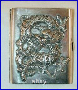 Antique Chinese Export Silver Cigarette Case Heavily Embossed Dragon Monogrammed
