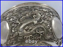 Antique Chinese Export Silver Dragon Bowl, Wing Chun HK, Qing Dynasty, 624 grams