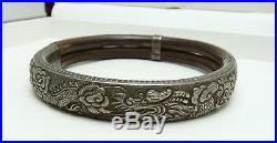 Antique Chinese Export Silver Dragon & Rattan Bamboo Wood Bangle Bracelet b