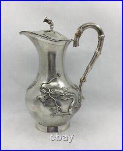 Antique Chinese Export Silver Embossed Dragon Jug, Yoksang Shanghai 590 gram