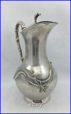 Antique Chinese Export Silver Embossed Dragon Jug, Yoksang Shanghai 590 gram