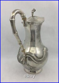 Antique Chinese Export Silver Embossed Dragon Jug, Yoksang Shanghai 590 gram