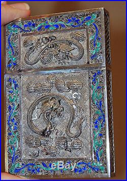 Antique Chinese Export Silver & Enamel Calling Card Case Filigree Dragons