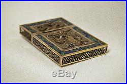 Antique Chinese Export Silver & Enamel Calling Card Case Filigree Dragons