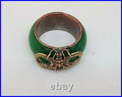 Antique Chinese Export Silver & Green With Dragon Ring Signed