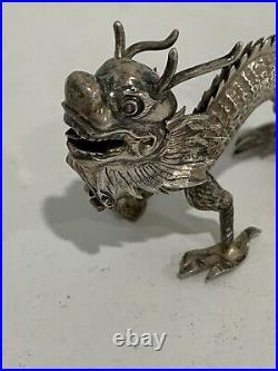 Antique Chinese Export Silver Kwan Man Shing Signed Dragon Figurine