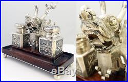 Antique Chinese Export Silver LUEN WO Deskset 2bl Inkwell w Dragon (#5267)