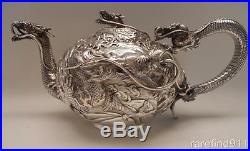 Antique Chinese Export Silver Teapot with Highly Detailed DRAGONS