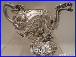 Antique Chinese Export Silver Teapot with Highly Detailed DRAGONS