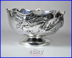 Antique Chinese Export Solid Silver Dragon Rose Bowl Sing Fat China 1900