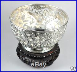 Antique Chinese Export Solid Silver Dragon Wang Hing Pierced Bowl China 1900