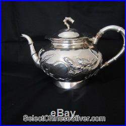 Antique Chinese Export Solid Silver Tea Set, 4 Claw Dragons, by Po Cheng, c1900