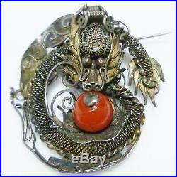 Antique Chinese Export Sterling Silver Carnelian Dragon Filigree Old Brooch Pin
