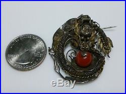 Antique Chinese Export Sterling Silver Carnelian Dragon Filigree Old Brooch Pin