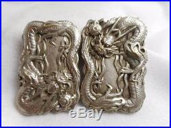 Antique Chinese Export Sterling Silver Coiling Dragon 2 Part Belt Buckle