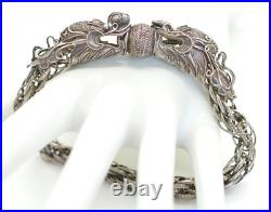 Antique Chinese Export Sterling Silver Dragon Bracelet Dragons Chasing Pearl