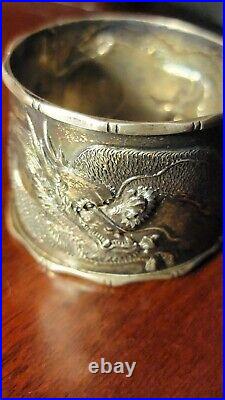 Antique Chinese Export Sterling Silver Napking Rings Dragon