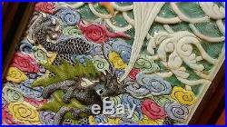 Antique Chinese Famille Rose Porcelain Plaque Screen 19th c Dragon Sea Fishes