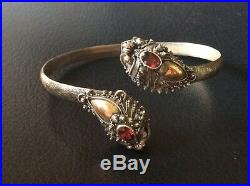 Antique Chinese Garnet Silver and Gold Serpent Dragon Bangle