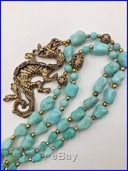 Antique Chinese Genuine Blu Turquoise Nuggets Brass Dragon Doublestrand Necklace