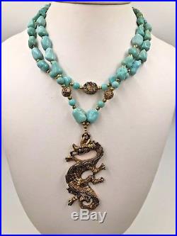 Antique Chinese Genuine Blu Turquoise Nuggets Brass Dragon Doublestrand Necklace