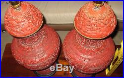 Antique Chinese Genuine Red Cinnabar Lacquer Dragon Vase Pair Large 26 Lamp HTF