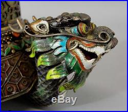 Antique Chinese Gilt Silver Jade Enamel Cloisonne Dragon Cigarette Box & Ashtray