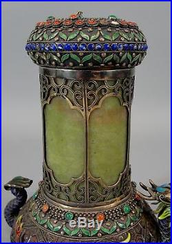 Antique Chinese Gilt Silver Jade Enamel Cloisonne Dragon Cigarette Box & Ashtray