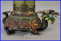 Antique Chinese Gilt Silver Jade Enamel Cloisonne Dragon Cigarette Box & Ashtray