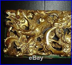 Antique Chinese Giltwood Relief Carved Dragon Panel Museum Piece Qing Dynasty
