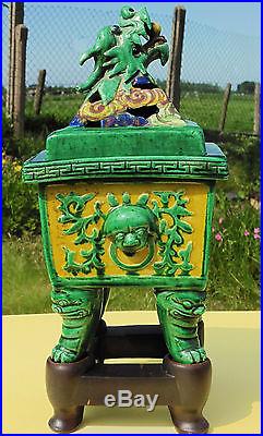 Antique Chinese Glazed Ceramic Figural Dragon Censer Vase w Stand Marked