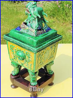 Antique Chinese Glazed Ceramic Figural Dragon Censer Vase w Stand Marked