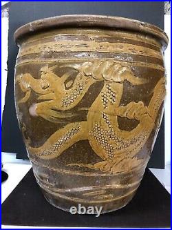 Antique Chinese Glazed Ceramic Pottery Dark & Light Brown Dragon Jardinière