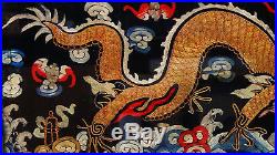 Antique Chinese Gold Stitches 5 Claws Dragon & Flaming Pearl Embroidery Panel