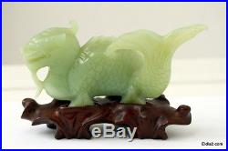 Antique Chinese Green Jade Dragon Serpent with Stand