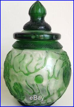 Antique Chinese Green Peking Glass Jar and Lid Dragon Phoenix & Flaming Pearls