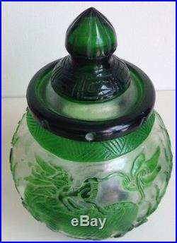 Antique Chinese Green Peking Glass Jar and Lid Dragon Phoenix & Flaming Pearls